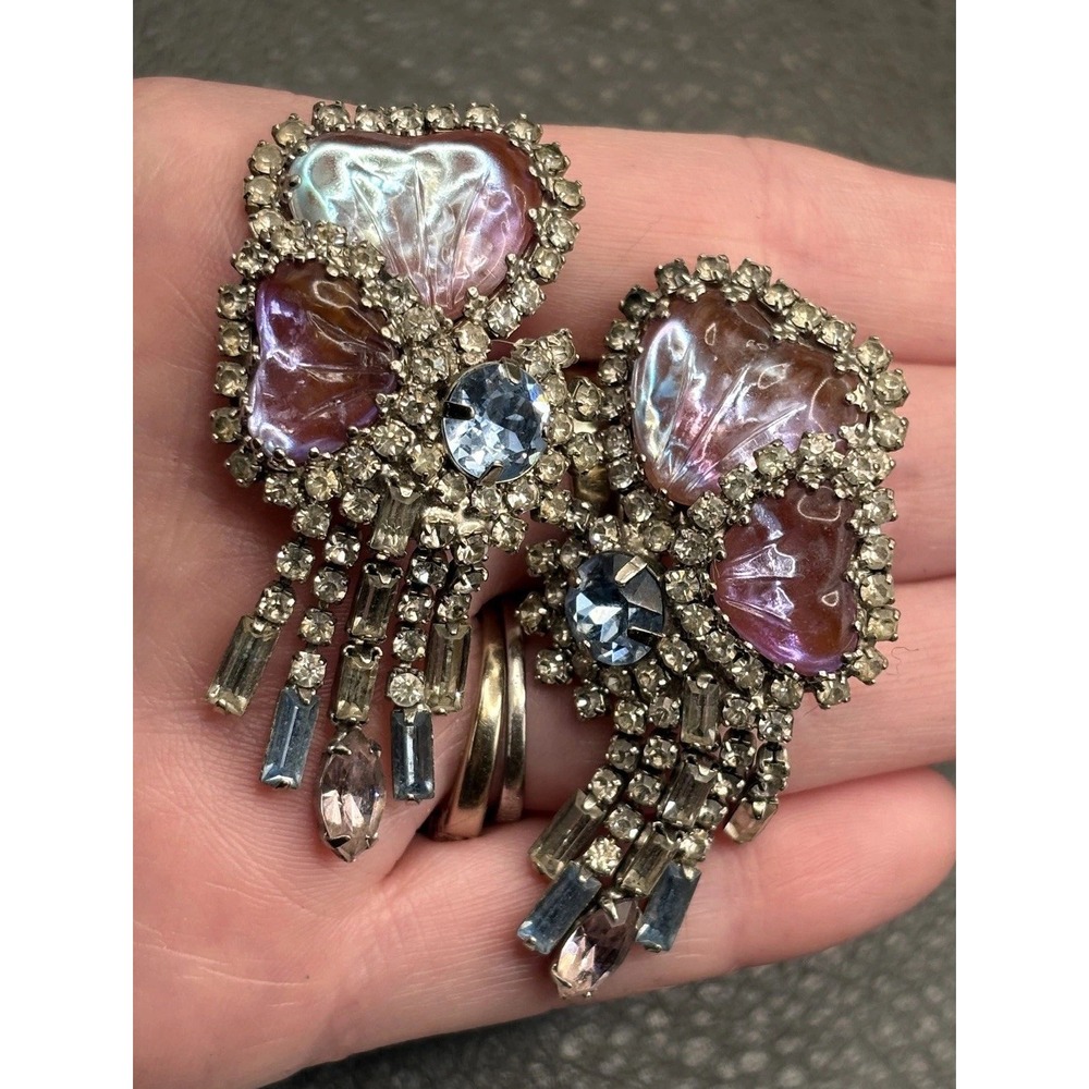 VTG Unsigned HOBE Saphiret Blue Pink Rhinestone Mayorka Petal Dangle Earrings